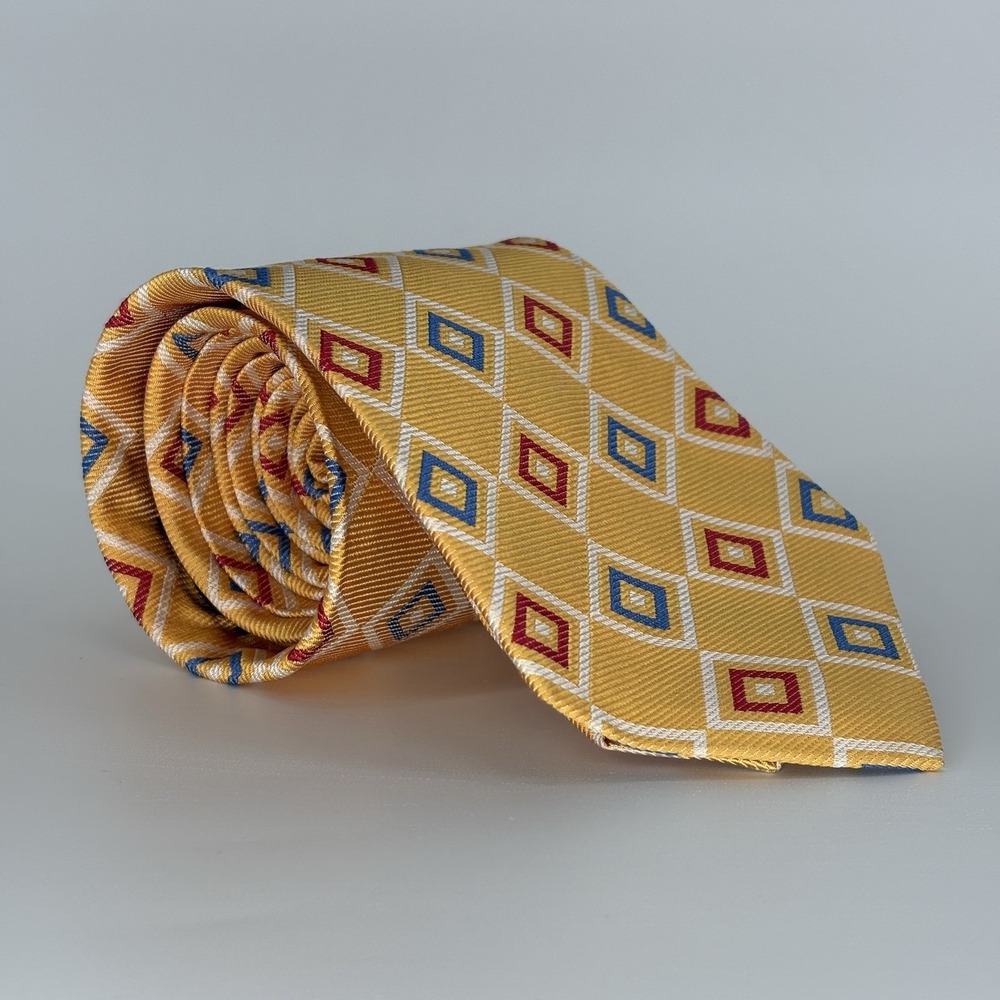 Ben Silver Silk Necktie Yellow Red Blue Rep Woven Twill Hand Made Tie